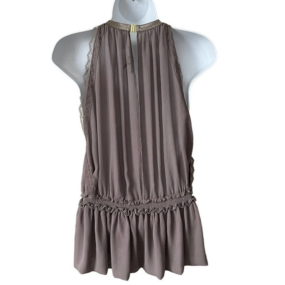 VICTORIA’S Secret Taupe Crinkled Lace Halter Tank Top S/P Ruffled Hem Semi Sheer - Picture 5 of 9